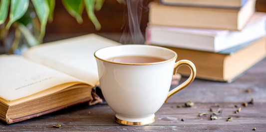 cozy cup of tea on a wooden table surrounded by books and plants