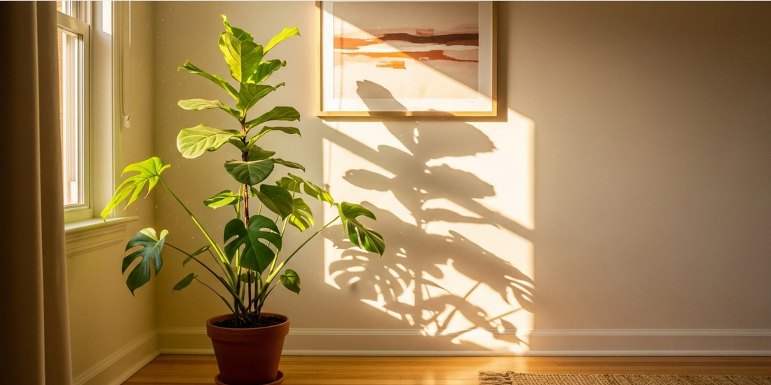 tropical house plants sitting by a window in a warm lit indoor house space