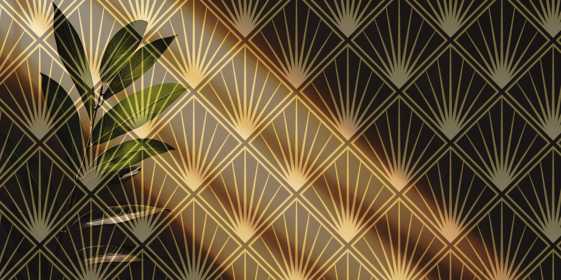 patterned black and gold Neo deco styles background and a faint tropical houseplant blending into the background