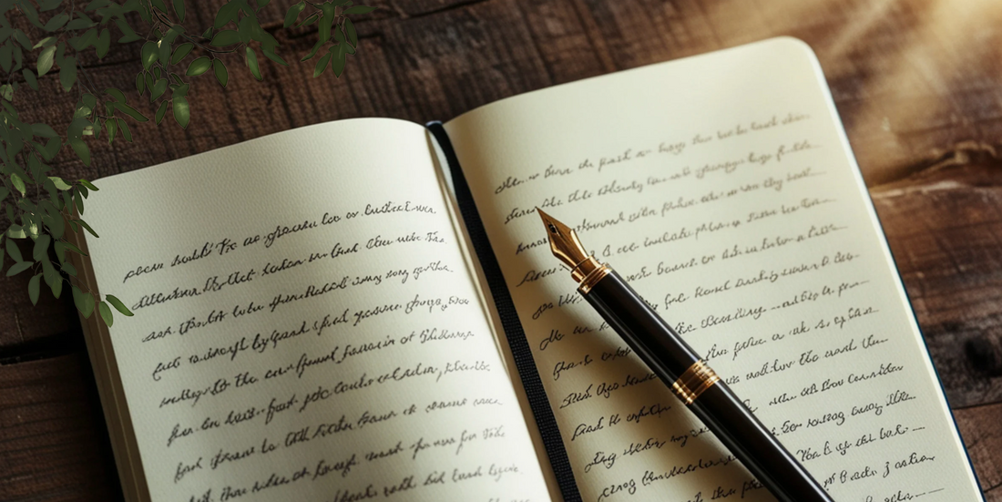 an open note book with a calligraphy pen and plants