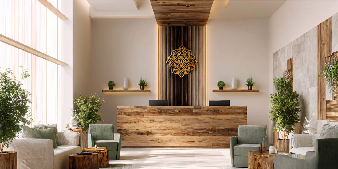 relaxing neutral space with natural textures like wood and plants