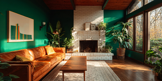 70s style living room with teal walls and an orange couch surrounded by plants