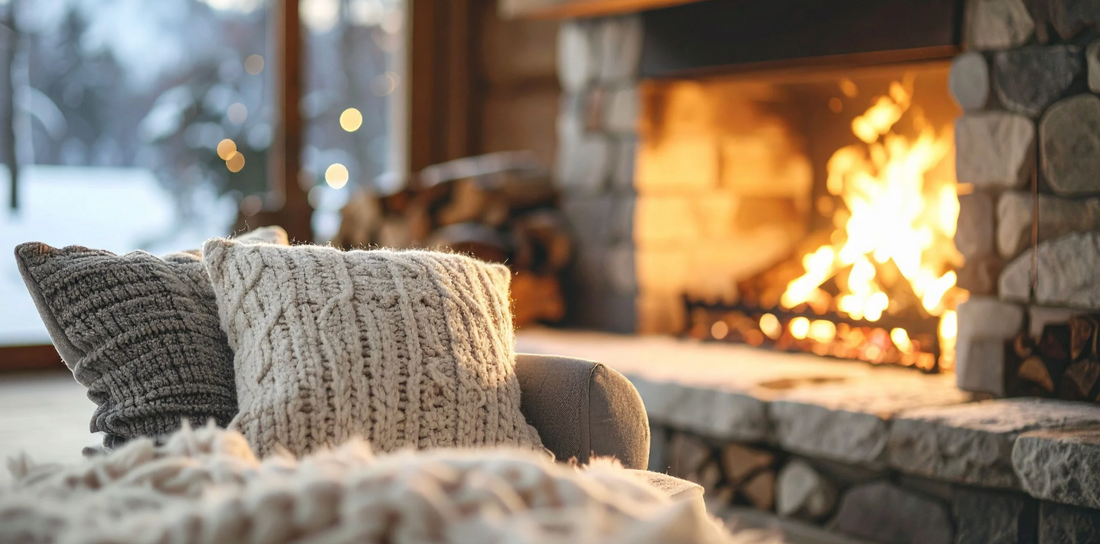 cozy fireplace home setting with fluffy textured pillows and a blurred snowy landscape out of the background window