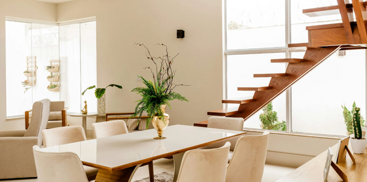 minimalist style dining space with neutral tones and a few plants