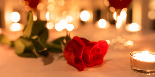 close of image of a rose focused with a blurry twinkly light background