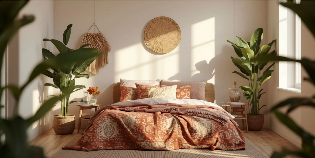 boho styled bedroom with wicker and patterned textures. the room is well lit naturally and is full of large statement plants