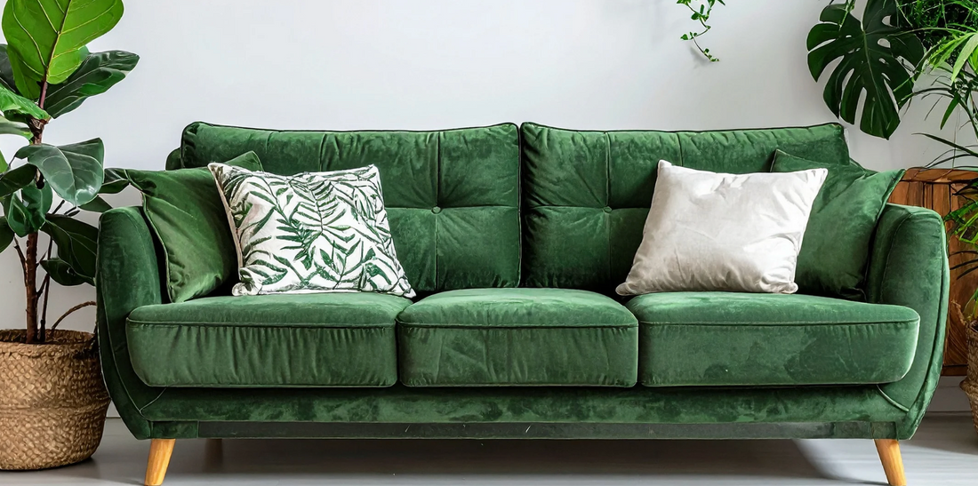 a green couch with white throw pillows in a living room setting surrounded by tropical indoor houseplants