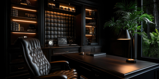 dimly lit office space with a dark leather chair and large plants
