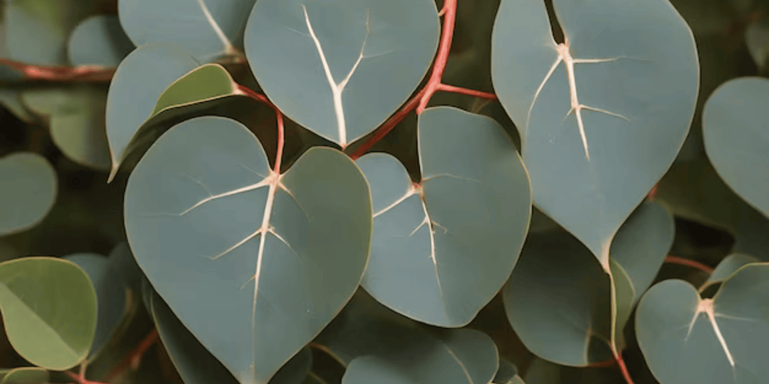 a close up of the heart shaped dark green leaves of the eucalyptus heart leaf plant