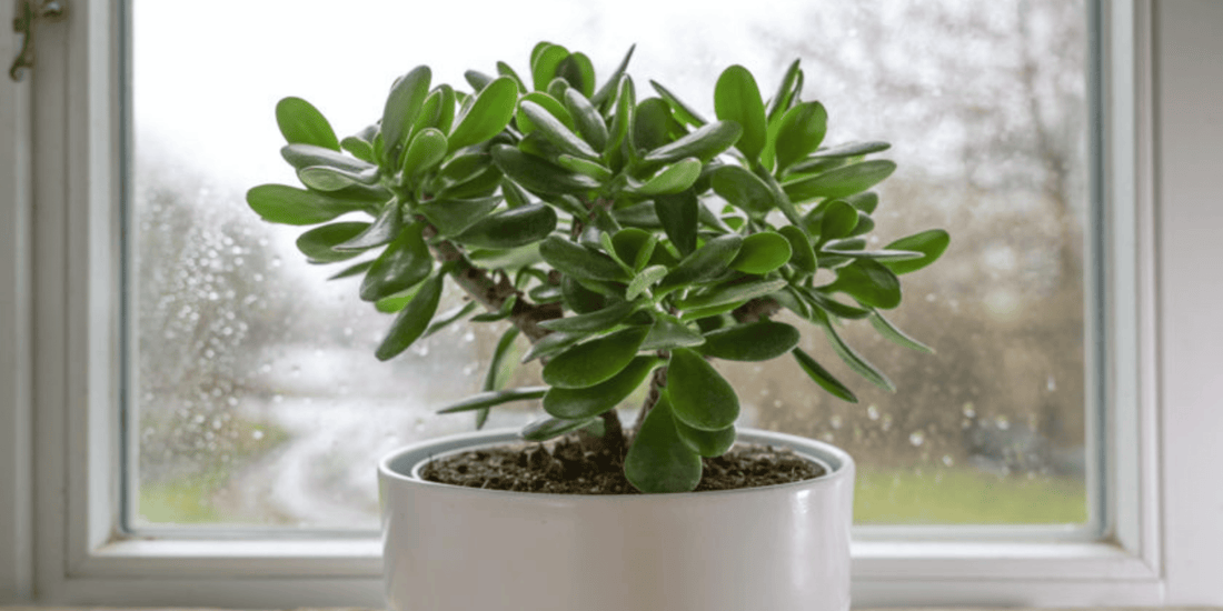 a green potted jade plant resting infront of a window