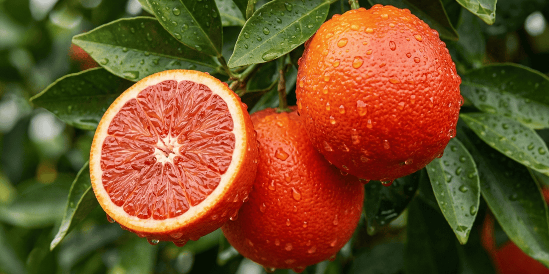 red navel oranges growing on a red navel orange tree surrounded by greenery