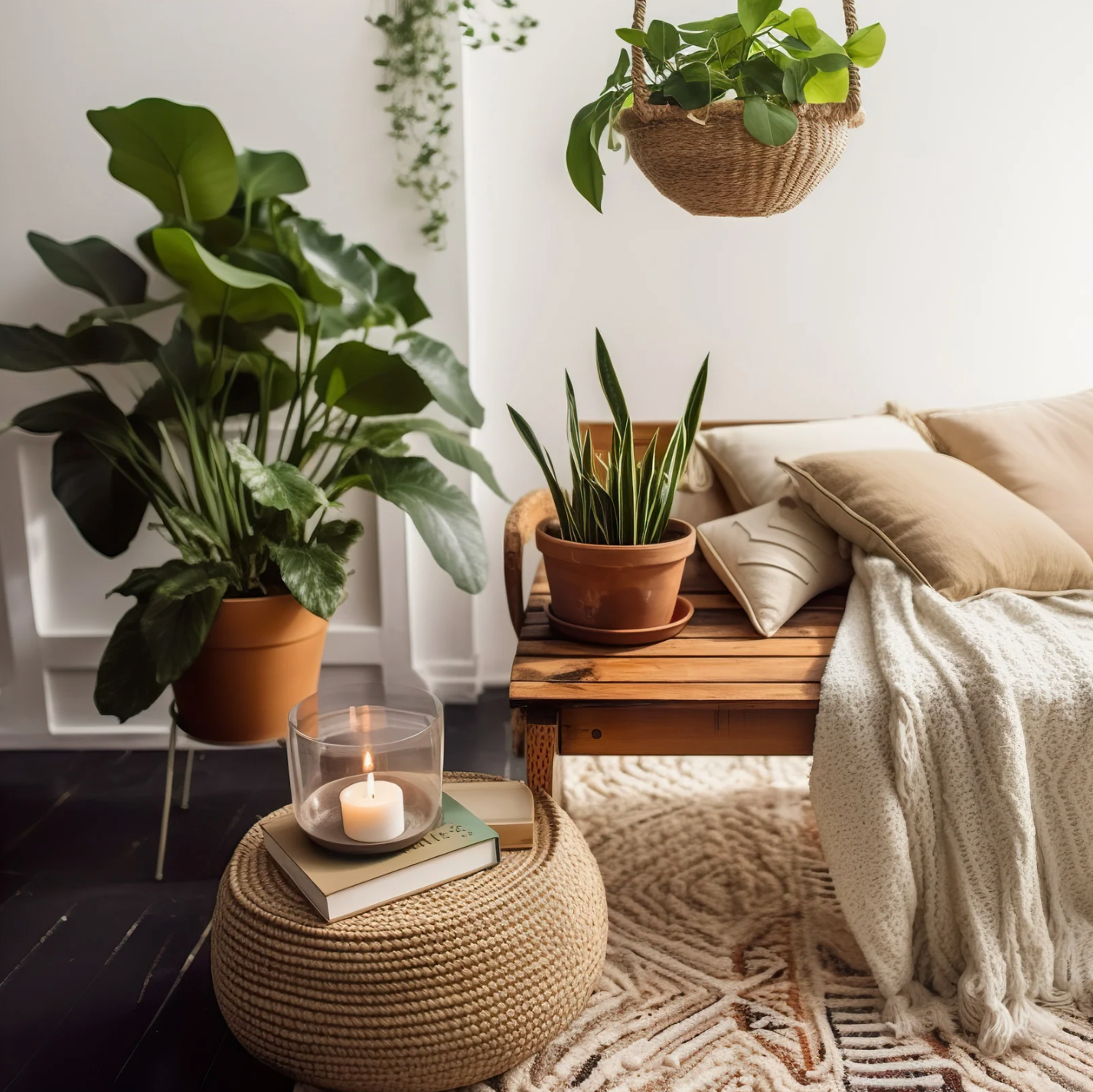 a variety of beginner friendly houseplant styled in a living room setting