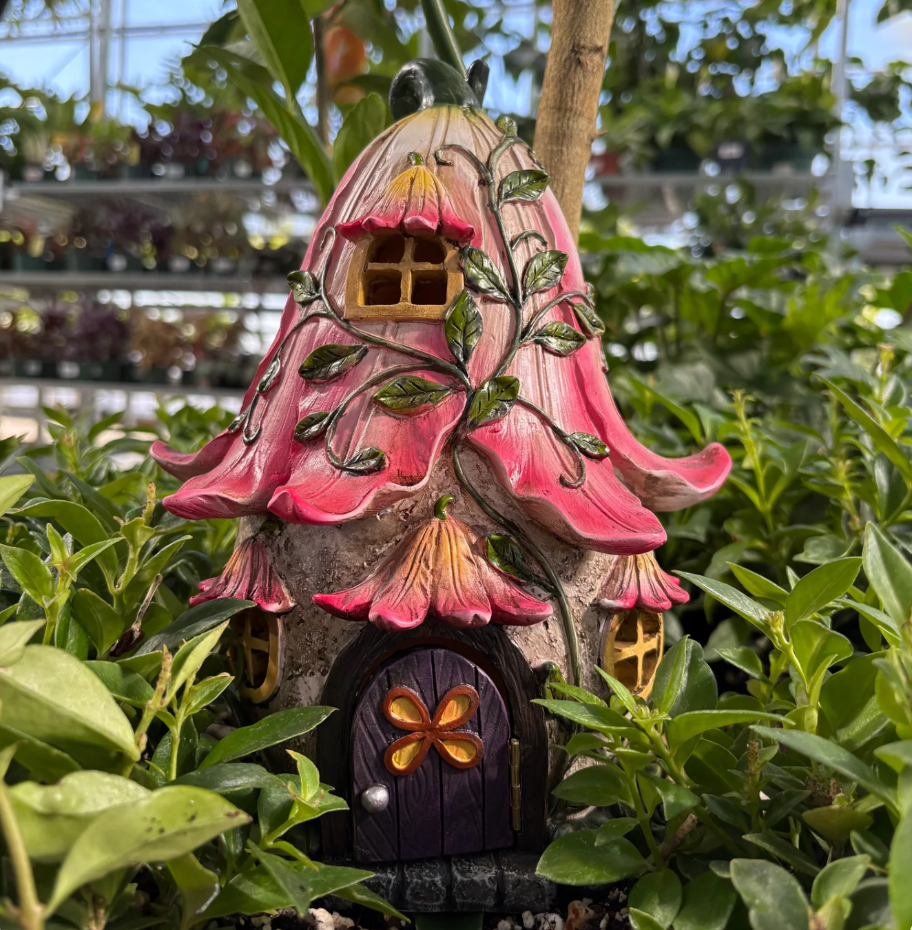 a fairy style tulip home surrounded by tropical plants