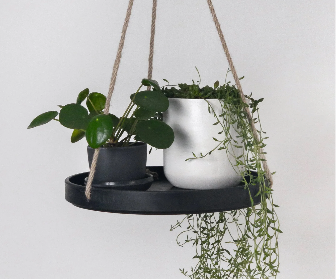 a flat hanging planter with two planted pots resting on it