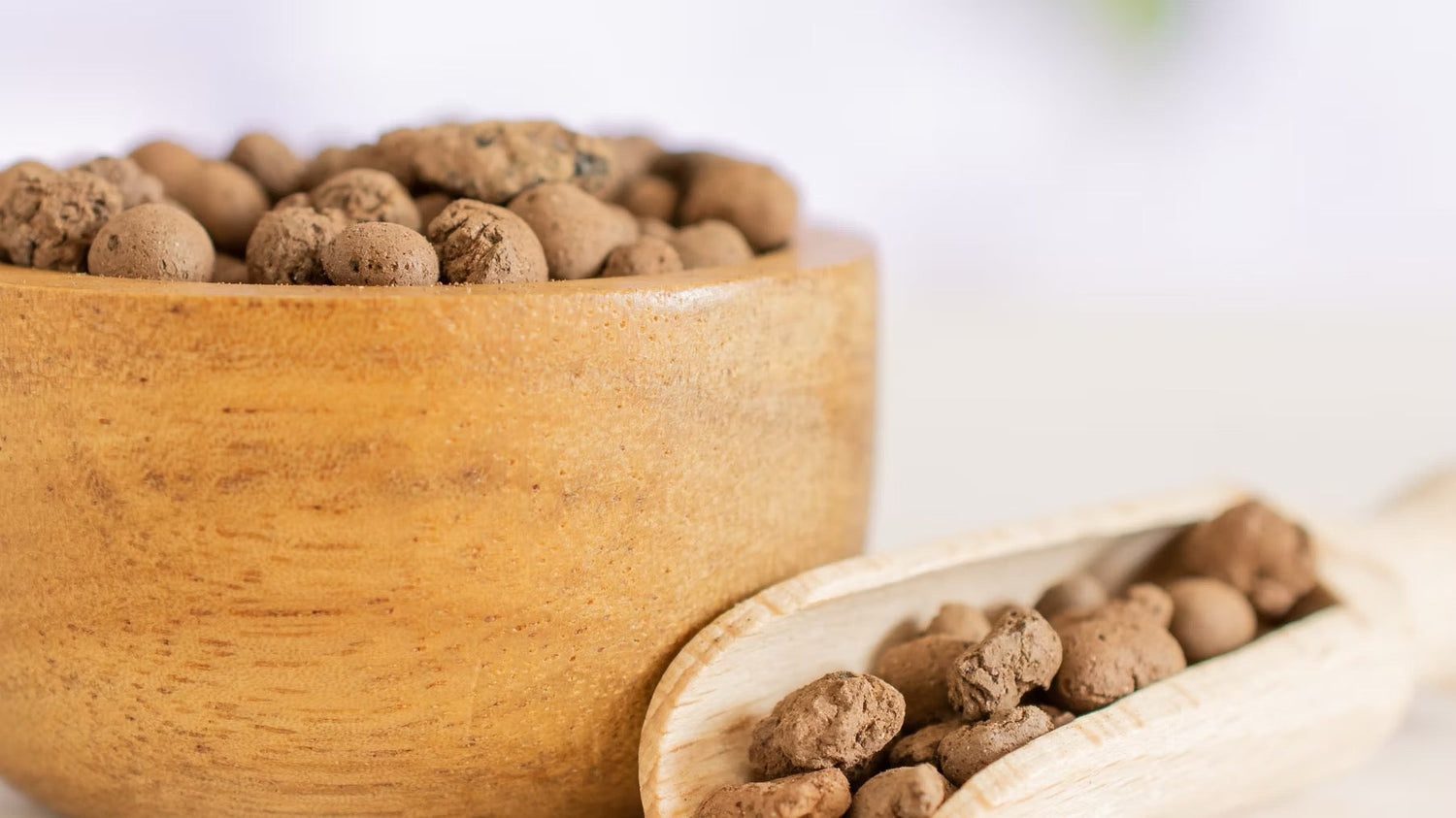 a picture of leca expanded clay balls in a wooden bowl and wooden scoop with a white blurred background 