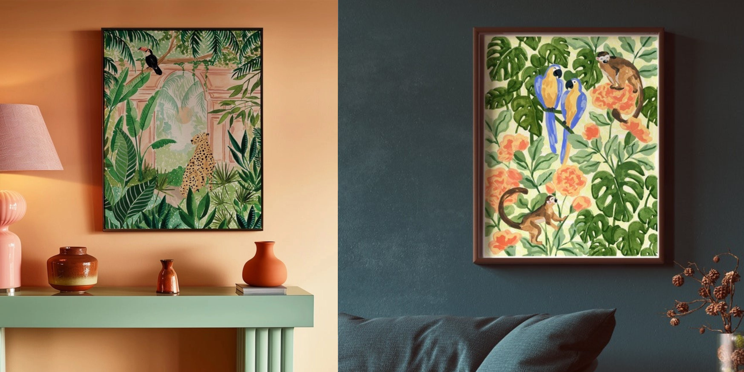 images of two jungle inspired art prints by a local Canadian artist one against a dark green wall and one against a peach coloured wall