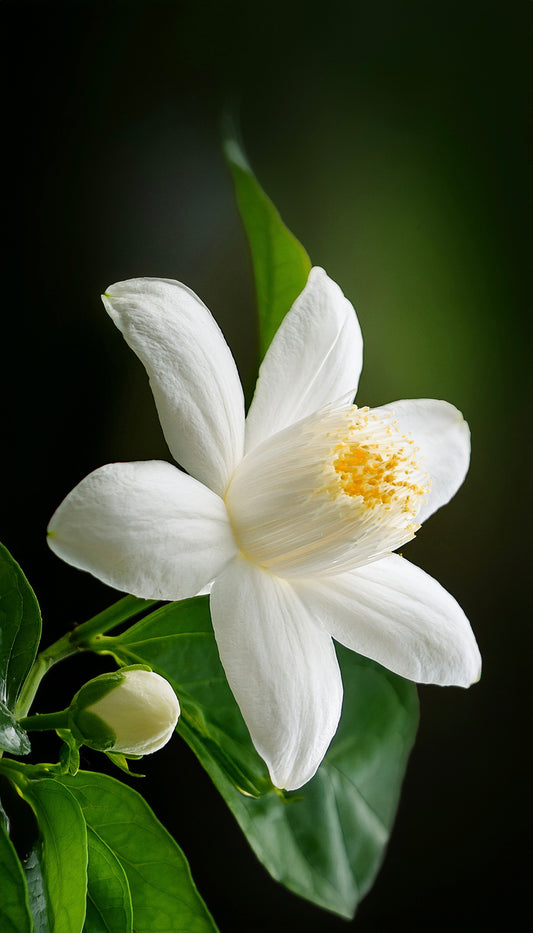 close up picture of a white jasmine Arabian flower bloom with green foliage on a blurb background 