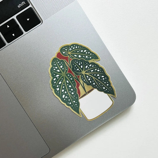 Laptop with a decorative begonia plant sticker on a white background
