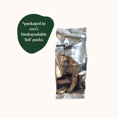 Biodegradable foil pack with 'tease' branding on a white background