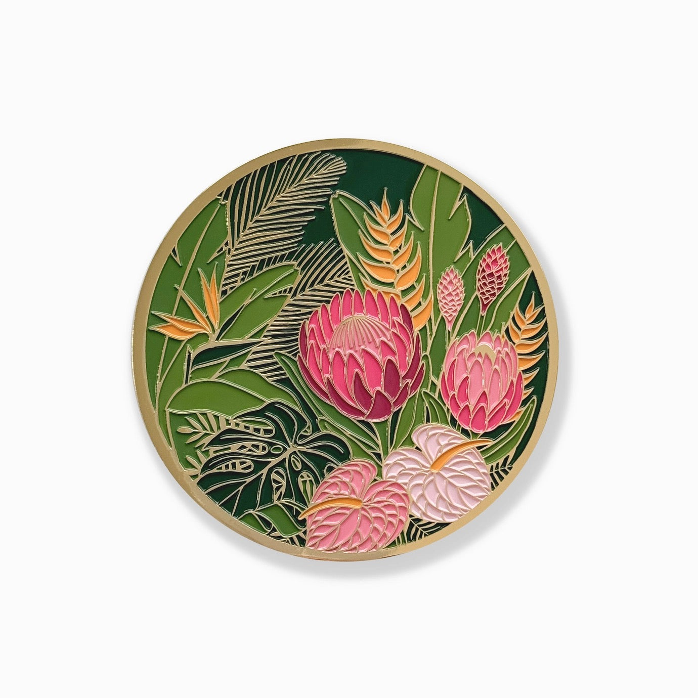 gold edged botanical themed coaster with pink flowers and green leaves on a white background