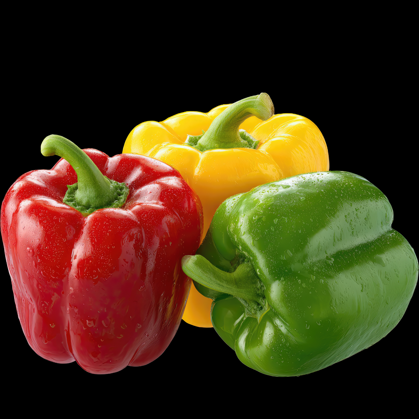three California wonder bell peppers, one red, one green, one yellow with two standing and one on its side, all with green stems against a black background