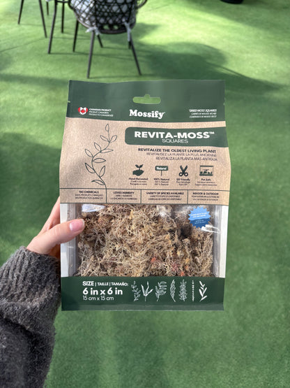 Hand holding a package of Revita-Moss on a green surface