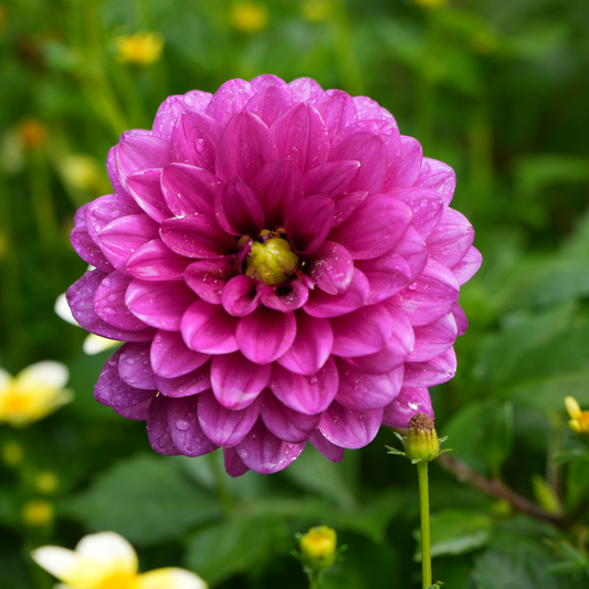 a close up of a bright pink candy dahlia with a yellow centre in an outdoor garden setting