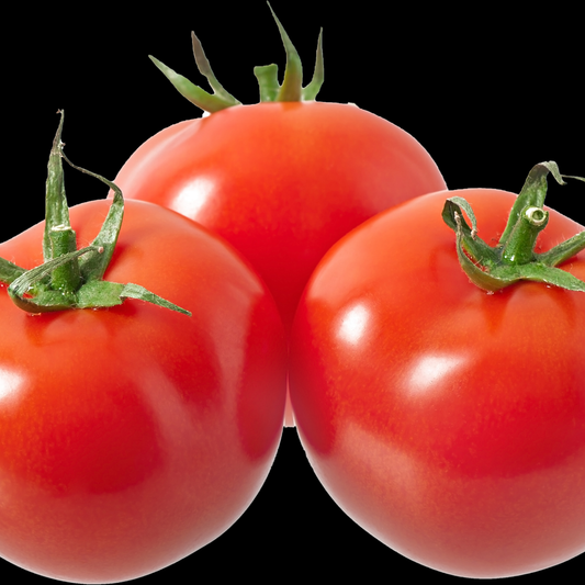 Three ripe red celebrity blues tomatoes with green stems, arranged together against a solid black background.