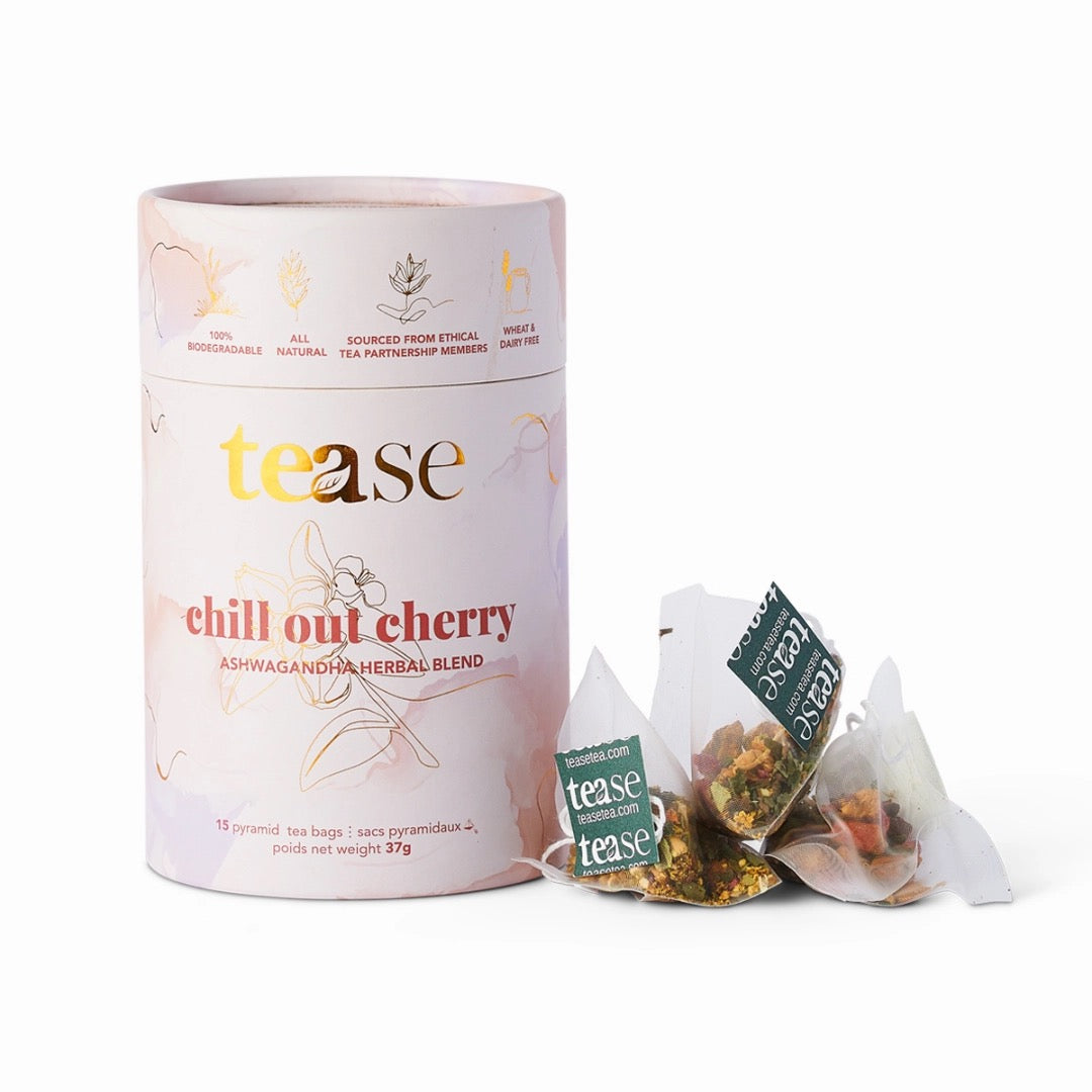 Chill out cherry Tea packaging with 'tease' branding and tea bags on a white background