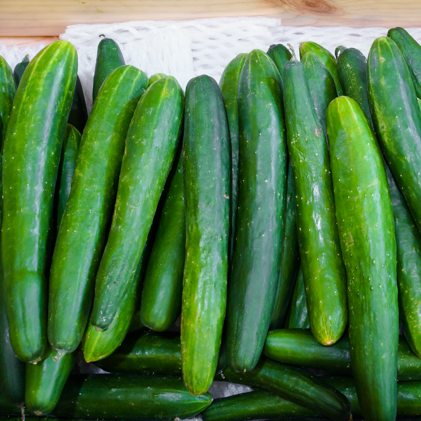 A close-up pile of fresh green burgles supreme cucumbers filling the frame, with some lighter green and yellowish-green variation and a white paper towel visible underneath.
