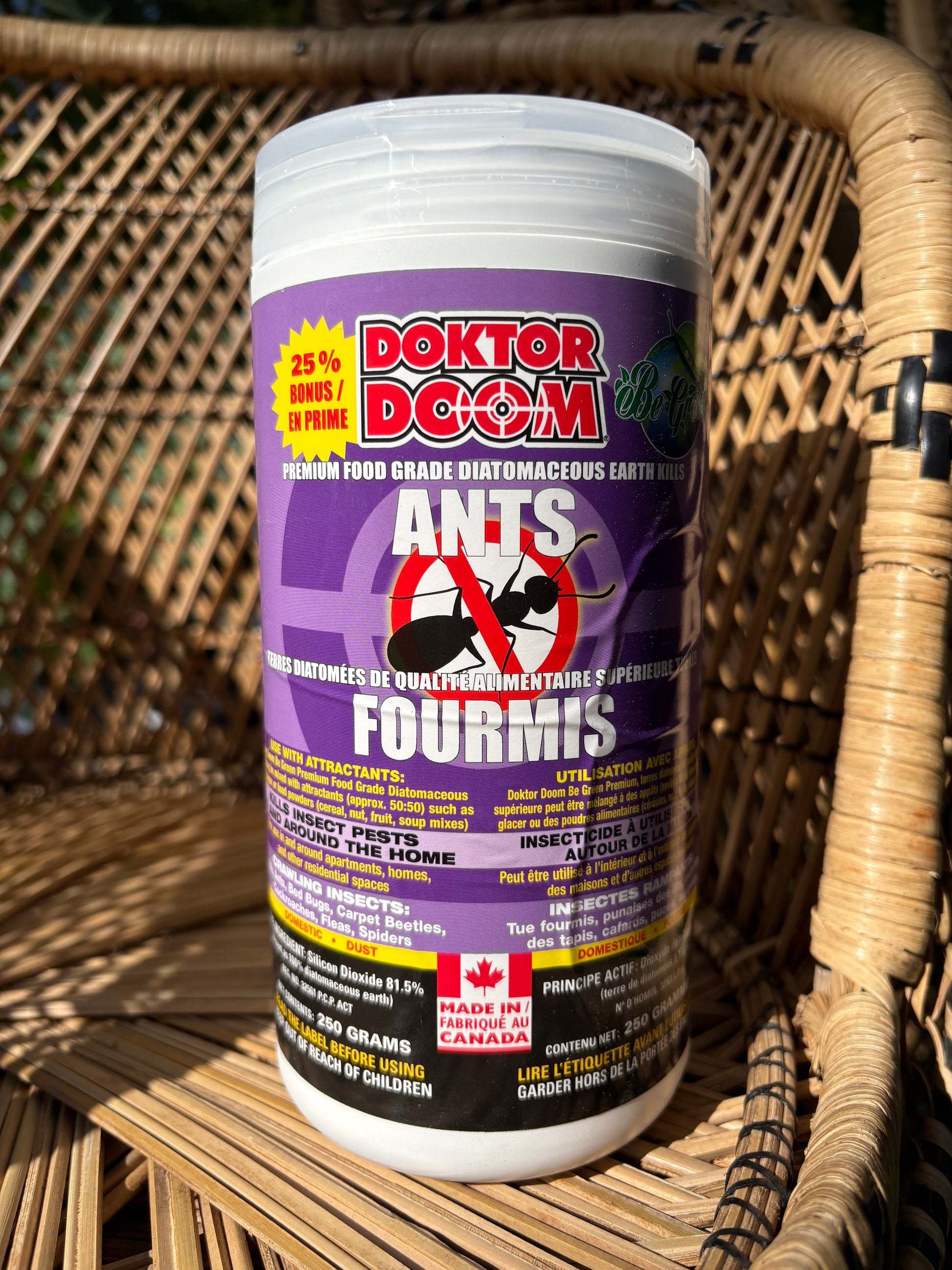 Doktor Doom Premium Food Grade Diatomaceous Earth tub sitting on a wicker chair