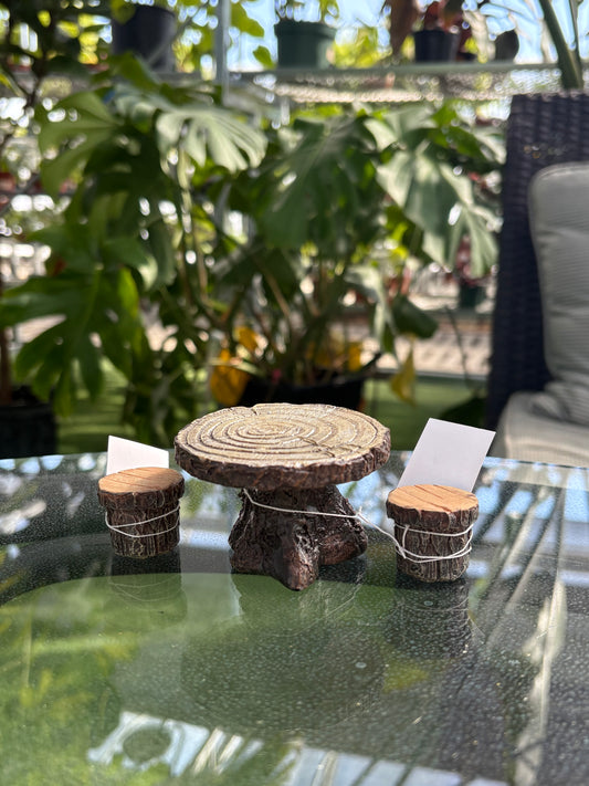 Decorative fairy table and chairs wooden logs with plants in the background