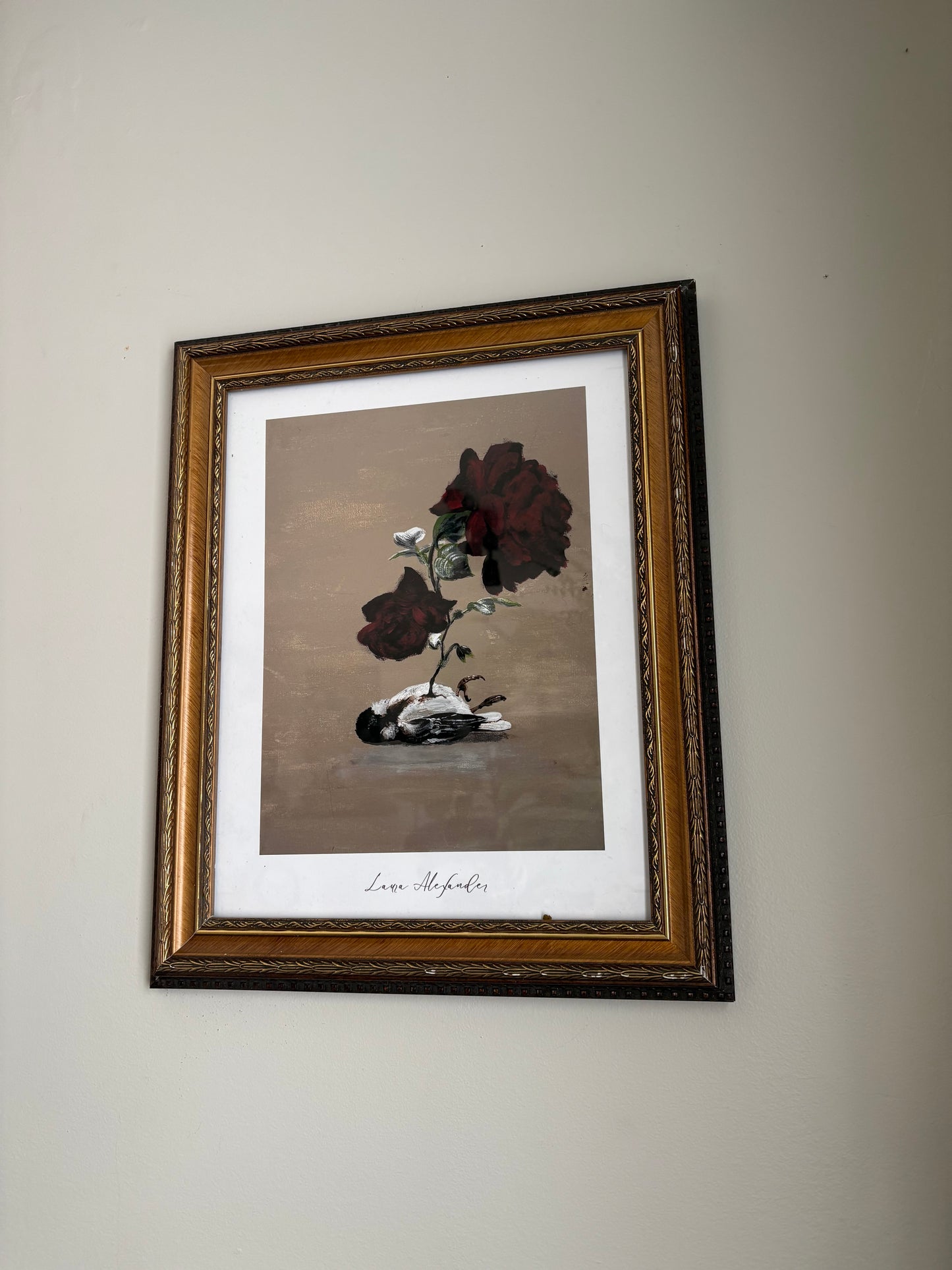 Framed Fantasy Art Print - Take Flight artwork of a bird and flowers on a beige wall