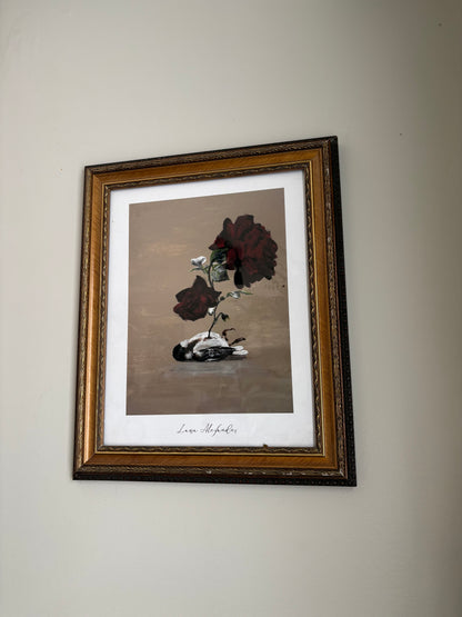 Framed Fantasy Art Print - Take Flight artwork of a bird and flowers on a beige wall