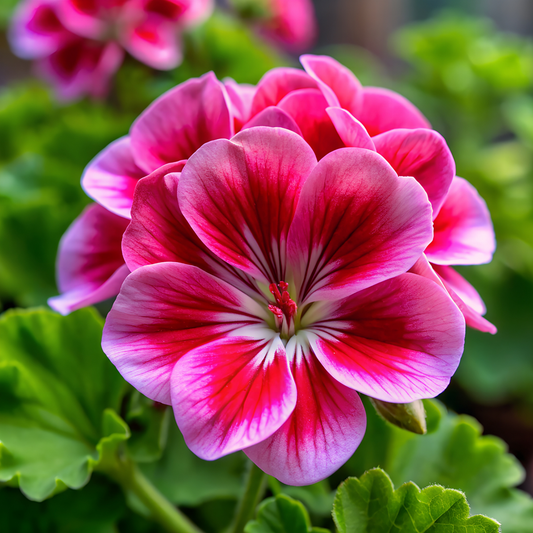 bright pink geranium presto violet flowers with dark pink petals and white centres surrounded by green leaves in an outdoor garden setting