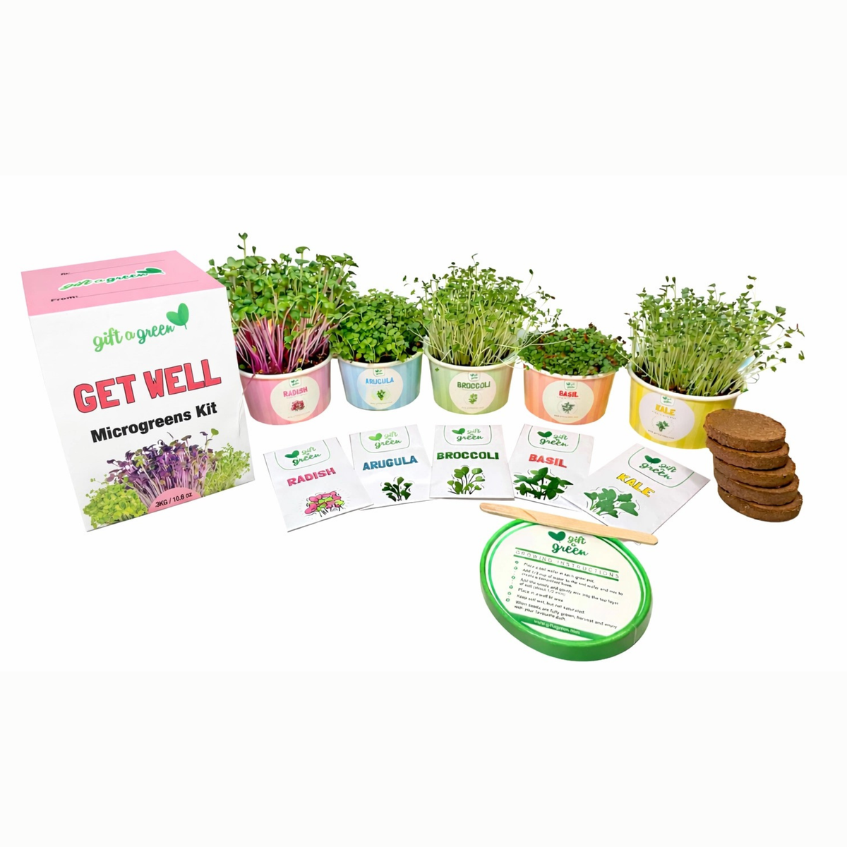 an image with micro greens in colourful pots, coco coir pucks and a gel well box with packets of seeds on a white background