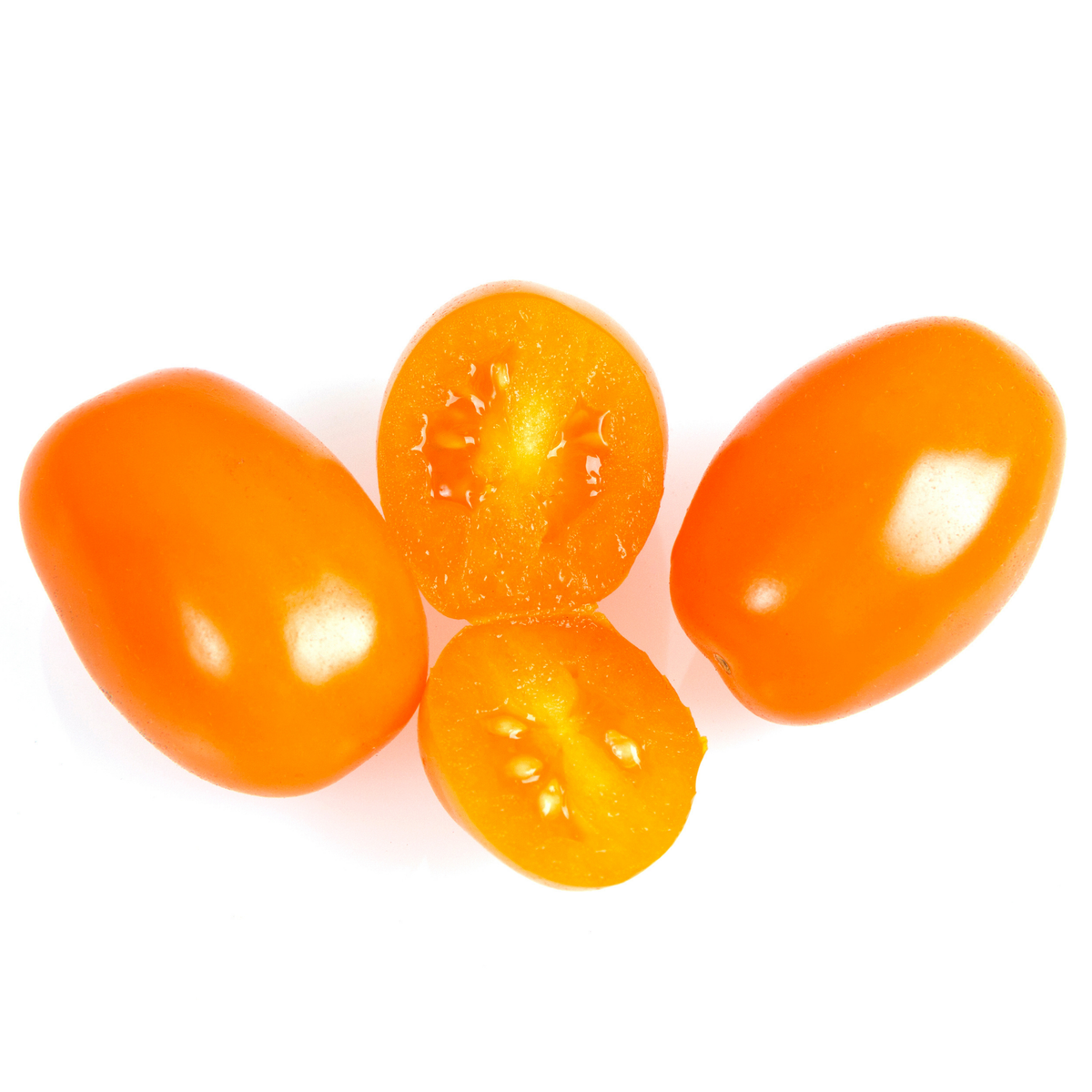 2 full small orange gold spark grape tomatoes and one cut in half displaying its inside against a white background