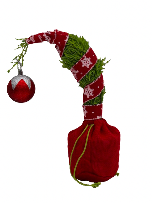 Grinch Tree, small tree wrapped in bristles decorations with one ornament on the end against a white background