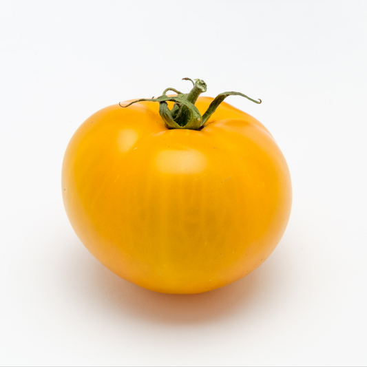 a bright yellow lemon boy plus tomato with a green stem and a white background
