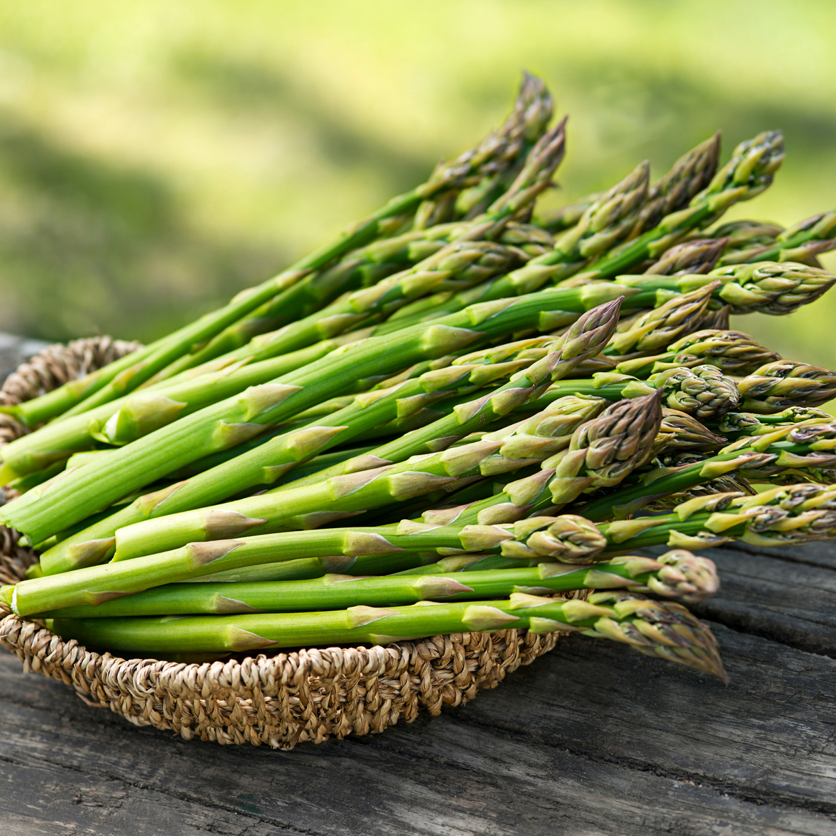 a wicker basket resting on a wooden surface filled with bright green Mary Washington asparagus stacks in an outdoor setting with a soft blurred green background