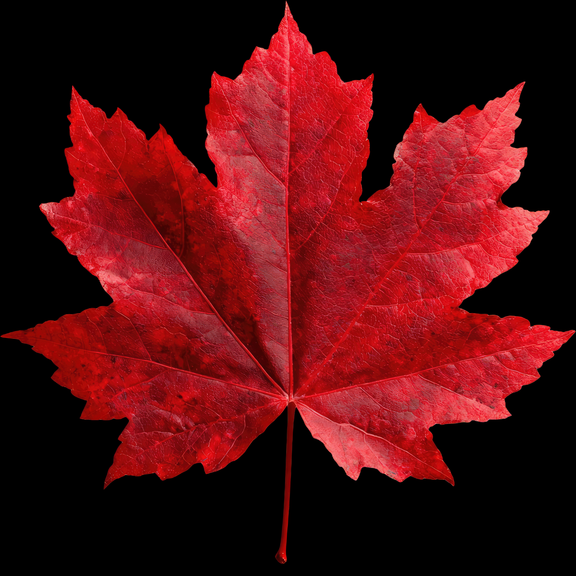 a bright red leaf of a matador maple leaf with a black background
