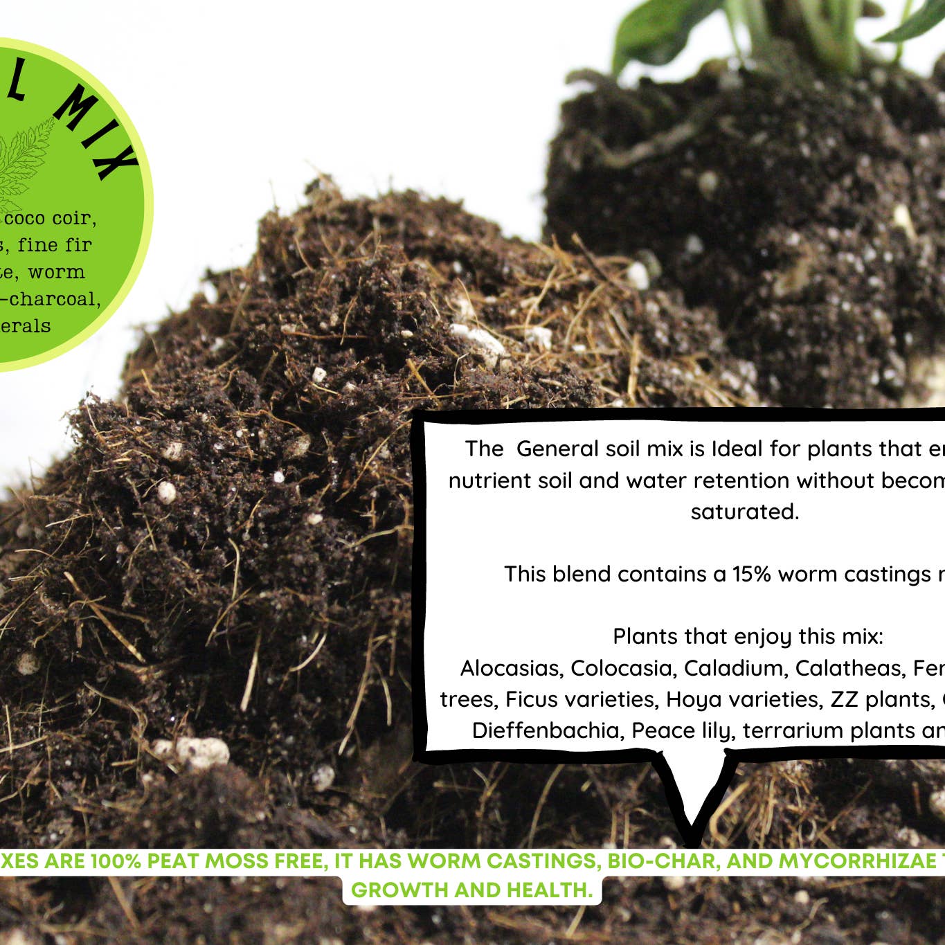 loose soil with a white background with wording on top stating the details of Maya growing medium general mix