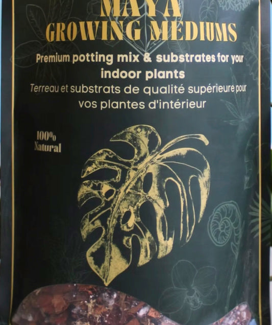 Maya Growing Mediums packaging with leaf illustration on a dark background