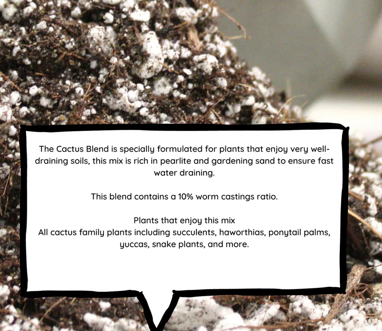 Cactus blend soil mix with text overlay on a blurred background