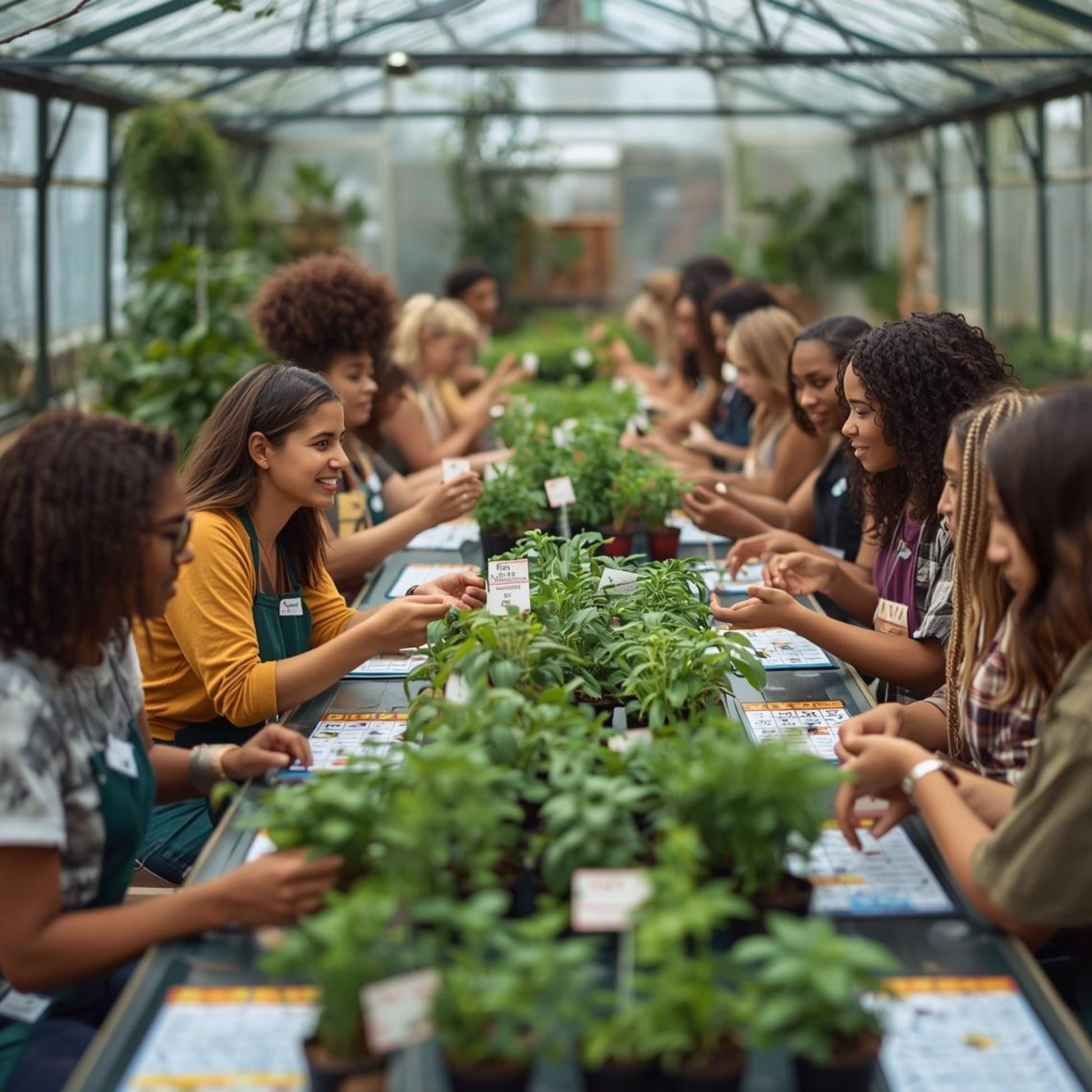 a picture of a group of people sitting down at a long table in a greenhouse playing plant themed bingo