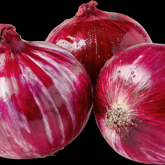 three bright red carpet onions against a black background