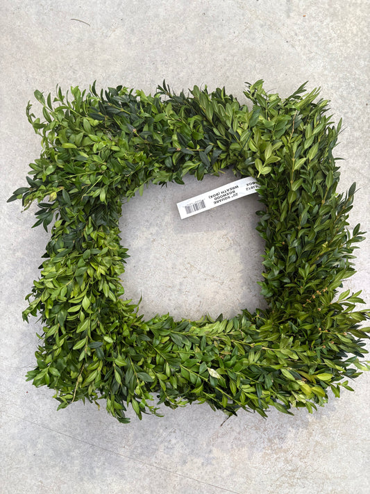 Green Square Boxwood Wreath 20" wreath with a label on a gray background