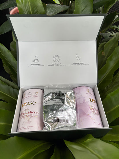 a tea box set with 2 tea cans and a refill bag against a leafy background