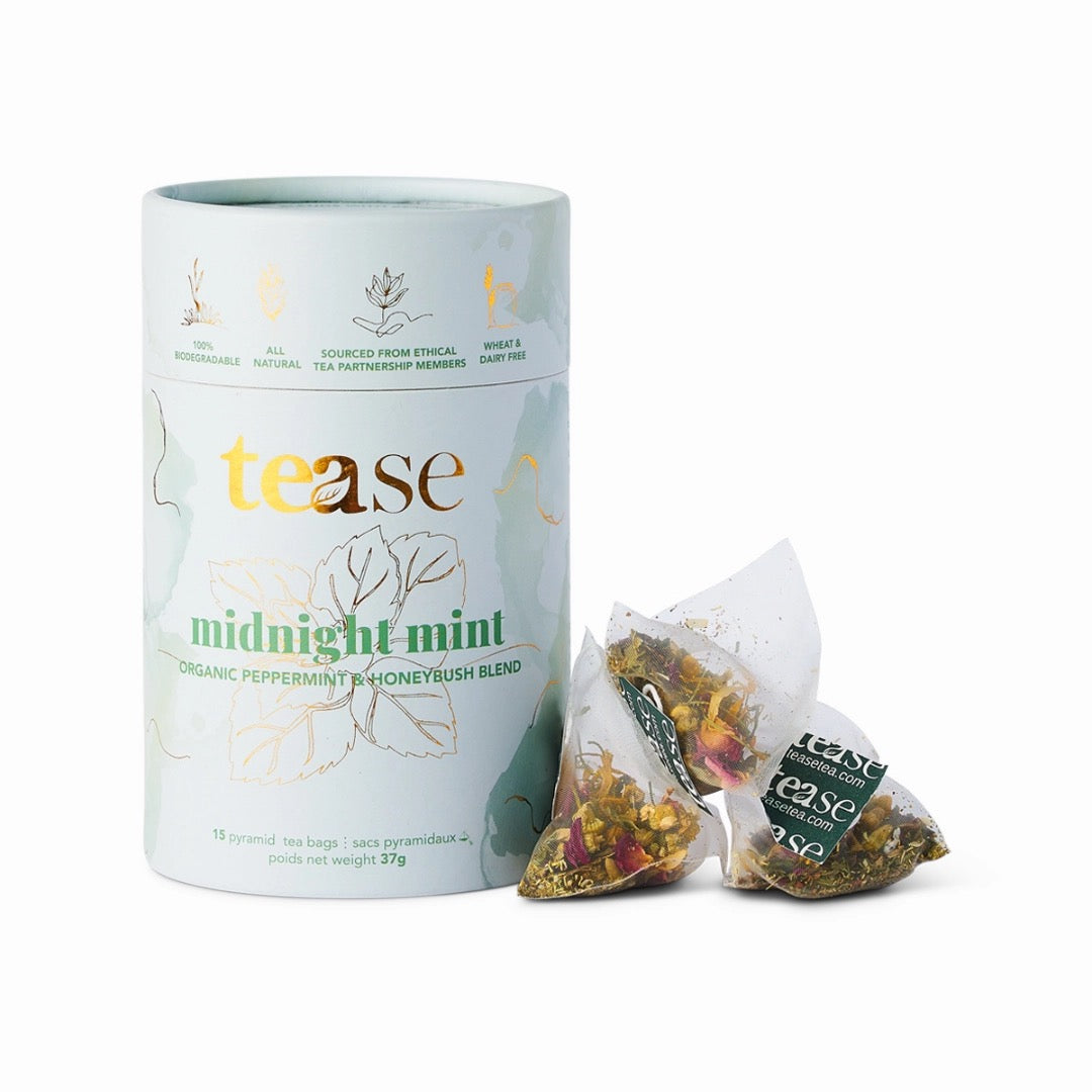 Midnight Mint Tea packaging with 'tease' branding on a white background