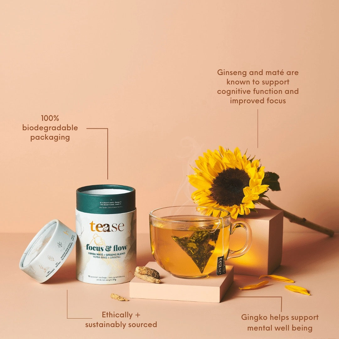 Tea packaging with a cup of tea, sunflower, and text about health benefits on a beige background